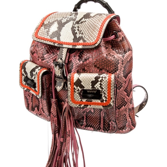 🐍GUCCI PYTHON BACKPACK NWT BAMBOO HANDLE ! PINK and TAN PYTHON w/ Orange trim! - Picture 7 of 8